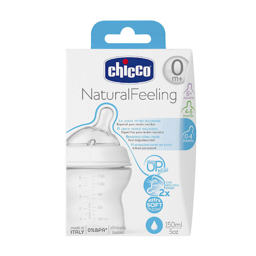 Chicco Natural Feeling Бутылочка с силиконовой соской с наклоном и флексорами 0+ 150 мл #1