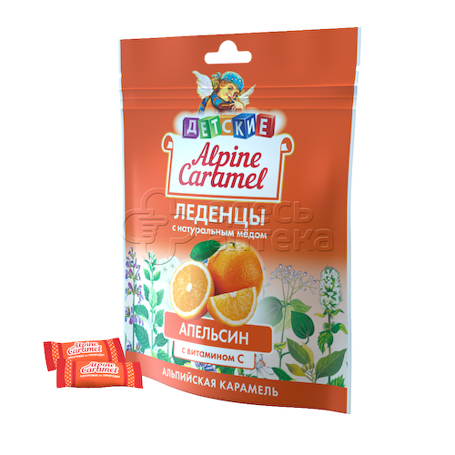 Alpine Caramel Альпийская Карамель леденцы детские с натуральным медом и витамином С вкус Апельсин пак. 75г (БАД) #1