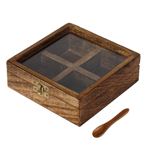 Коробка для специй, Brown 4 Compartments Square Handcrafted Wooden Spice Box, произв. eCraftIndia #1