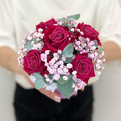 ЛЭТУАЛЬ FLOWERS Букет из роз, гипсофилы и Эвкалипта в стакане Вспышка #1