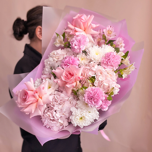 MOJNO FLOWERS Нежный розово-белый букет с гортензией, розой, альстромерией, гвоздикой, хризантемой #1