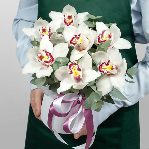 STUDIO FLORISTIC Композиция из Орхидей в шляпной коробке «Лунная орхидея» #1