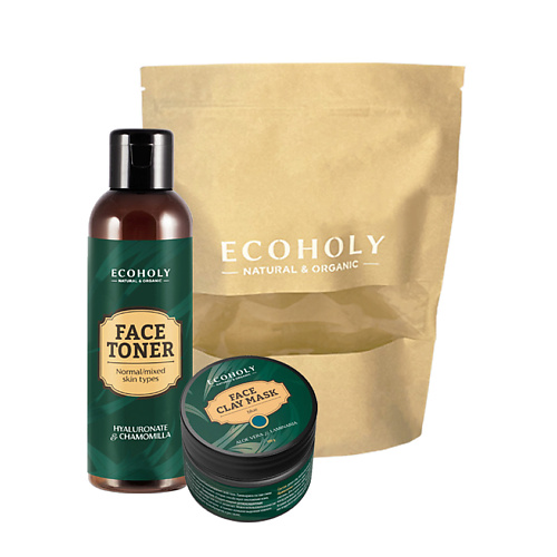 ECOHOLY Набор Тоник для нормальной и комбинированной кожи, Голубая глина, Гель для умывания успокаивающий с витамином Е Face Toner Normal/mixed Skin Types + Face Clay Mask Blue + Face Cleans #1
