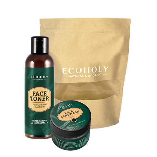 ECOHOLY Набор Тоник для нормальной и комбинированной кожи, Черная глина, Гель для умывания успокаивающий с витамином Е Face Toner Normal/mixed Skin Types + Face Clay Mask Black + Face Cleans #1