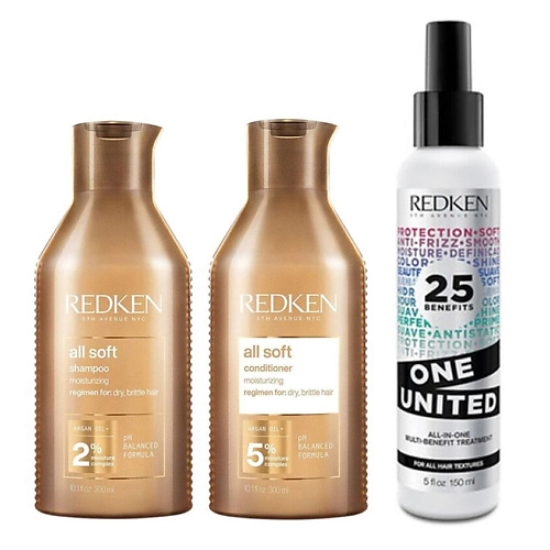REDKEN Набор All Soft + One United: Шампунь + Кондиционер + спрей-уход #1