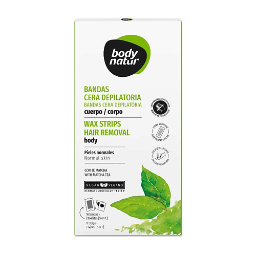 BODY NATUR Восковые полоски для депиляции тела для нормальной и сухой кожи с экстрактом чая матча Wax Strips Hair Removal Face #1