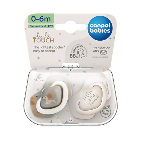 CANPOL BABIES Пустышка Light touch Силиконовая симметричная 0-6 месяцев, DOGS #1