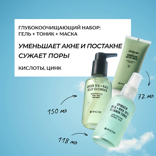 RICHE Глубокоочищающий набор для лица: гель для умывания + кислотный тоник + очищающая маска #1