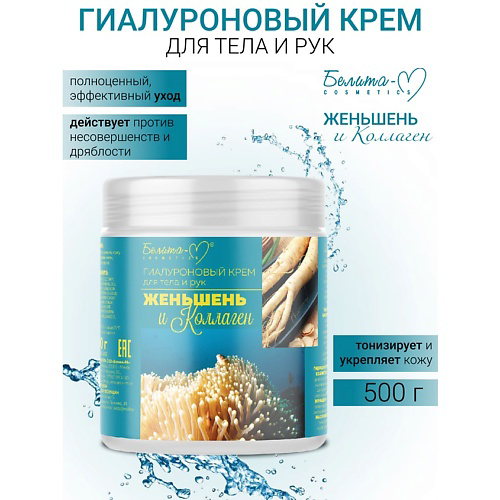 БЕЛИТА-М Крем для тела и рук гиалуроновый Женьшень и коллаген 500 #1