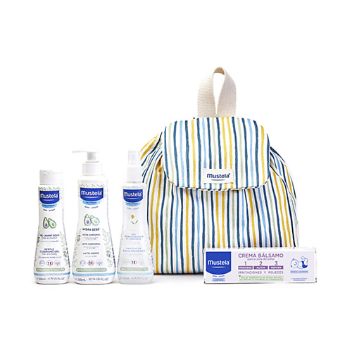MUSTELA Набор для купания и ухода за кожей малыша Little Moments Polka Striped Backpack #1