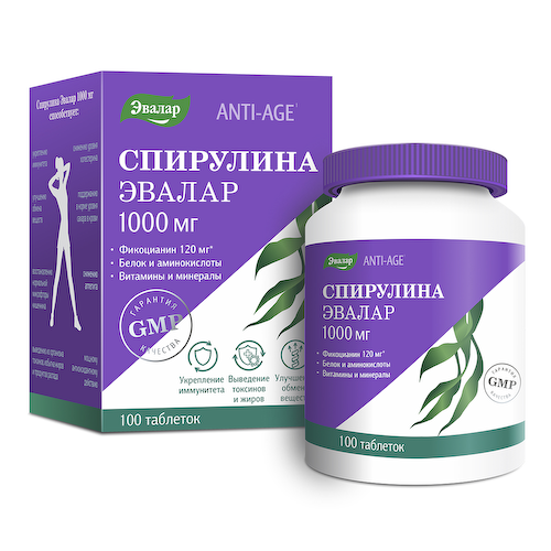 Спирулина, 1000 мг, 100 таблеток, Эвалар #1