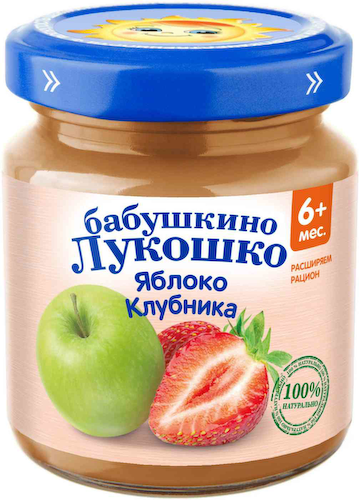 Пюре Бабушкино Лукошко Яблоко, клубника, с 6 месяцев #1