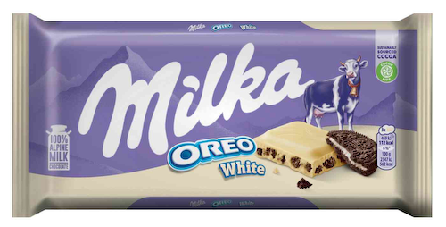 Шоколад белый Milka со сливочно-ванильной начинкой и кусочками печенья Орео #1