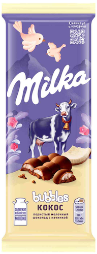 Шоколад молочный Milka Bubbles c кокосовой начинкой #1