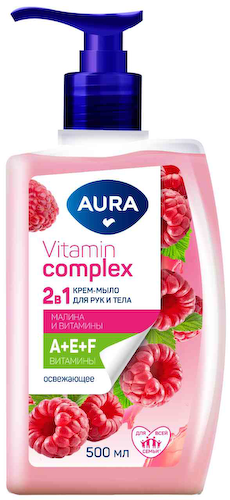 Крем-мыло для рук и тела 2 в 1 Aura Vitamin Complex Малина и витамины #1