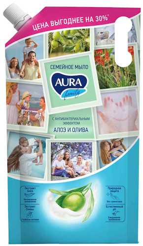 Жидкое мыло Aura Family Алоэ и олива с антибактериальным эффектом, сменный блок #1