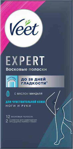 Восковые полоски для чувствительной кожи ног и рук Veet Expert с маслом миндаля #1
