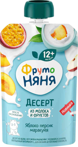 Десерт из яблок, персиков и маракуйи ФрутоНяня с молоком и сахаром, обогащенный витамином С #1
