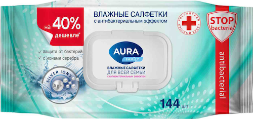 Влажные салфетки Aura Family с антибактериальным эффектом #1