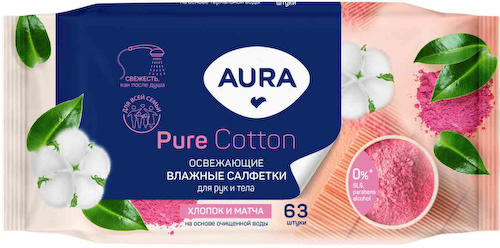 Влажные салфетки для рук и тела освежающие Aura Pure Cotton #1